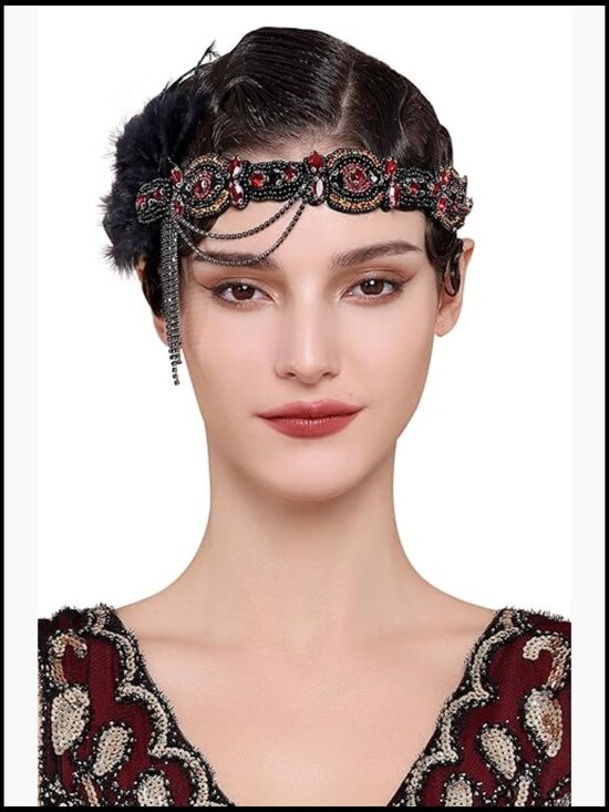 Vintage Flapper Headband Ostrich Feather Crystal Roaring 20s Gatsby Party Hair main image 4